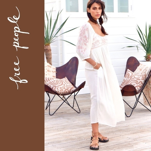 FREE PEOPLE Wedgewood Embroidered Scoop Neck 3/4 Puff Sleeve Maxi Dress/SM NWT - Picture 6 of 16